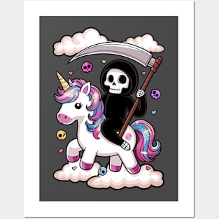 Adorable Kawaii Death Riding Unicorn Gray Posters and Art